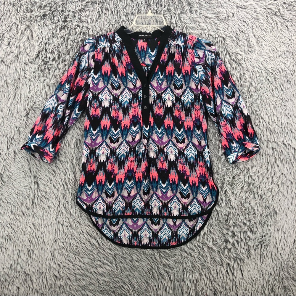 My Michelle Blouse Womens Small Vneck Chevron Watercolor Translucent Top